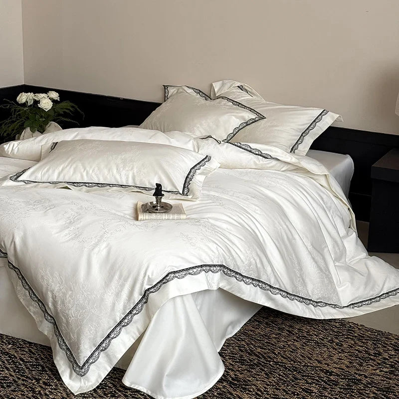 Bedding Set 4-Piece Cotton Satin Jacquard Lace Trim