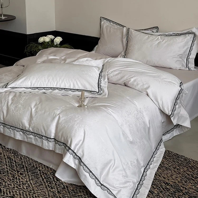 Bedding Set 4-Piece Cotton Satin Jacquard Lace Trim