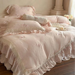 Bedding Set 4-Piece Linen-Cotton Blend Vintage Rose Embroidery