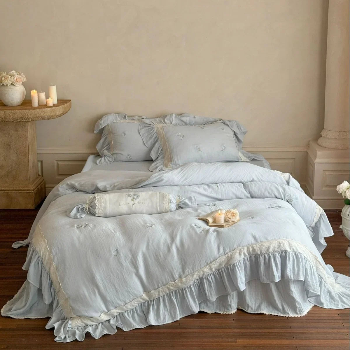 Bedding Set 4-Piece Linen-Cotton Blend Vintage Rose Embroidery