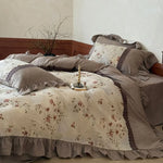 Bedding Set 4-Piece Linen-Cotton Breathable Floral Ruffle Trim