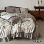 Bedding Set 4-Piece Linen-Cotton Breathable Floral Ruffle Trim