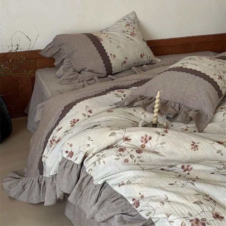 Bedding Set 4-Piece Linen-Cotton Breathable Floral Ruffle Trim