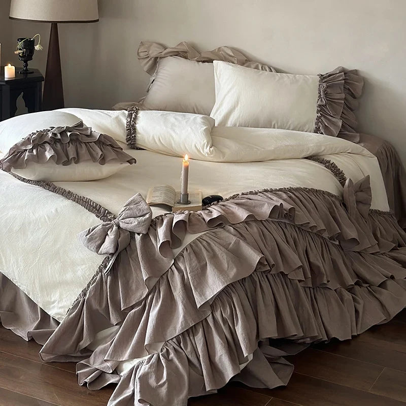 Bedding Set 4-Piece Linen-Look Layered Ruffles Bed Skirt