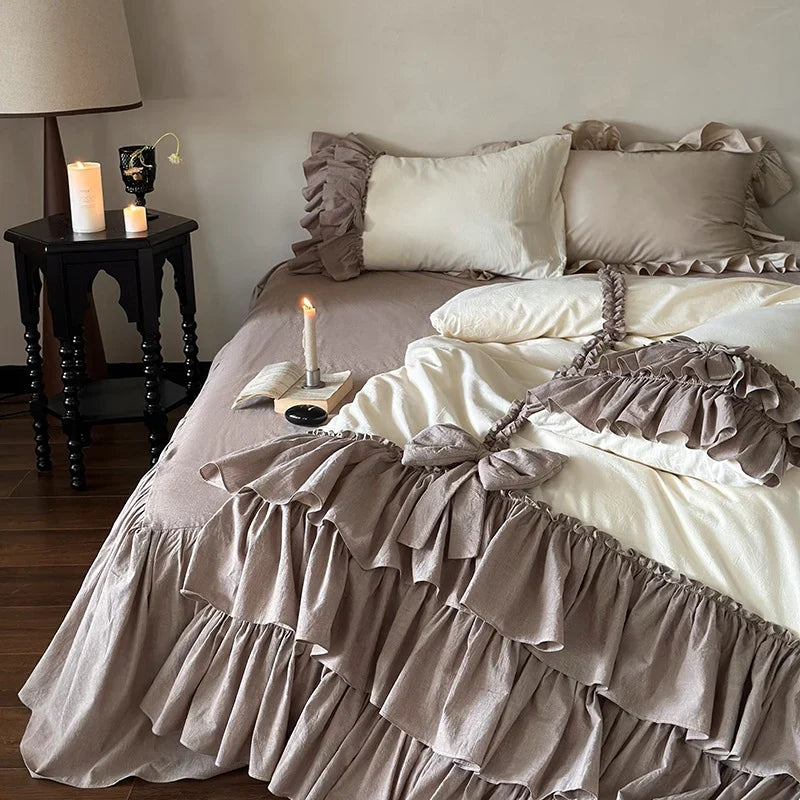 Bedding Set 4-Piece Linen-Look Layered Ruffles Bed Skirt