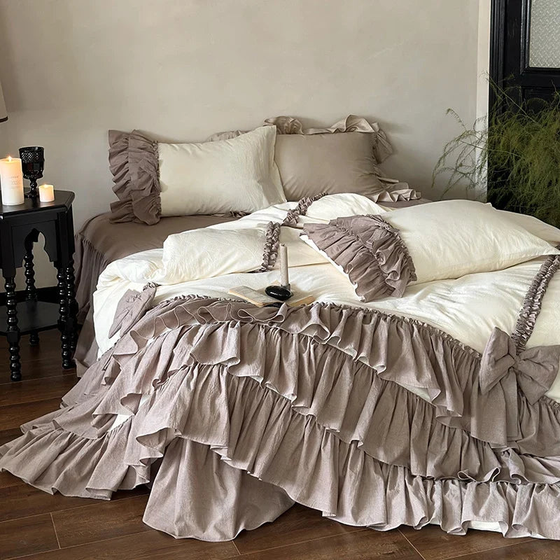 Bedding Set 4-Piece Linen-Look Layered Ruffles Bed Skirt
