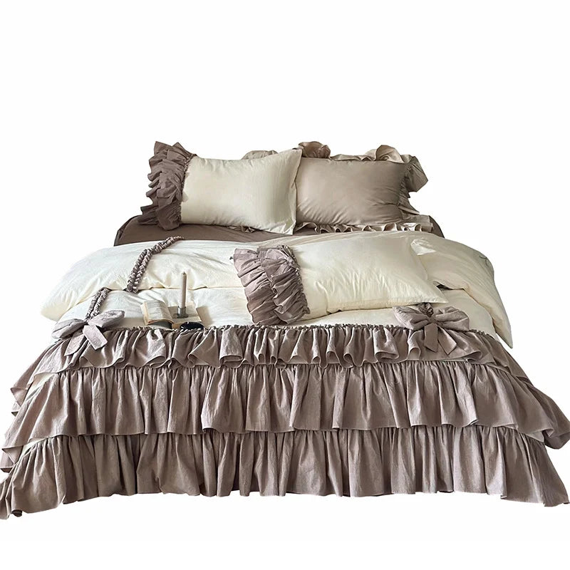 Bedding Set 4-Piece Linen-Look Layered Ruffles Bed Skirt