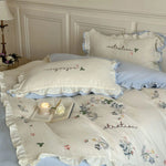 Bedding Set 4-Piece Premium Cotton Ruffled & Floral Embroidery