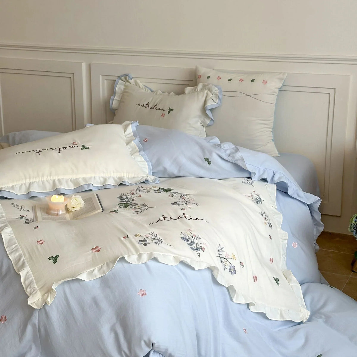 Bedding Set 4-Piece Premium Cotton Ruffled & Floral Embroidery