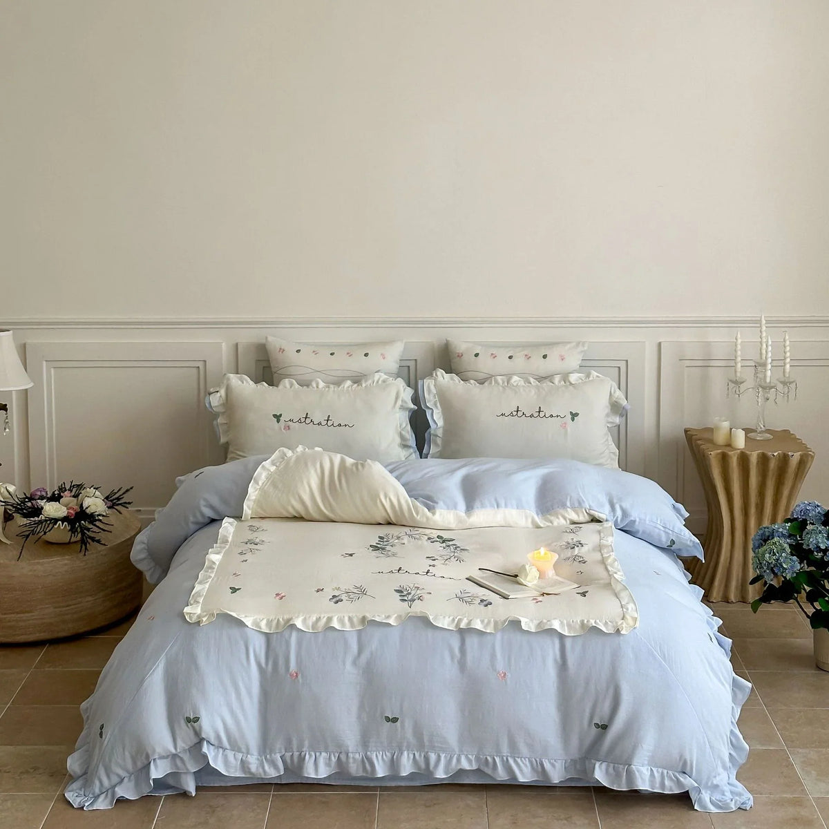 Bedding Set 4-Piece Premium Cotton Ruffled & Floral Embroidery