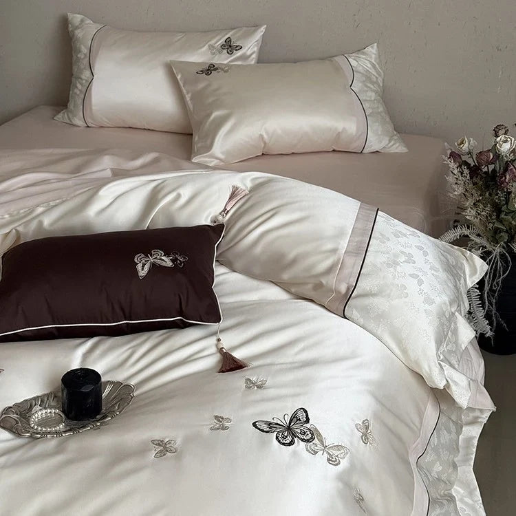 Bedding Set 4-Piece Satin Cotton Blend Embroidered Butterfly