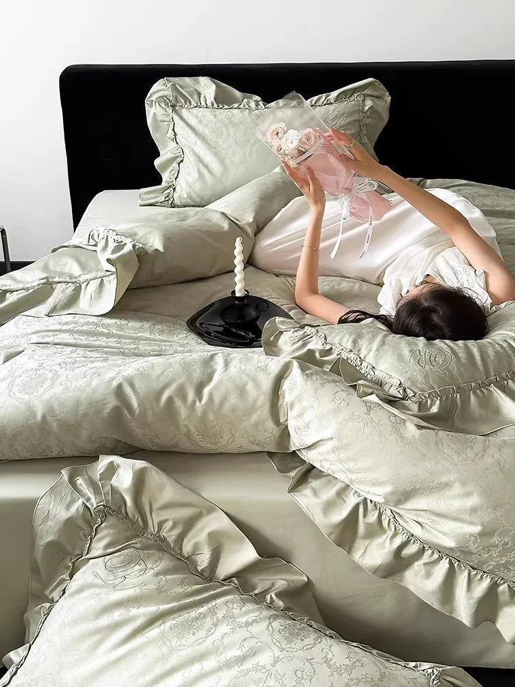 Bedding Set 4-Piece Satin Jacquard Ruffled Edges