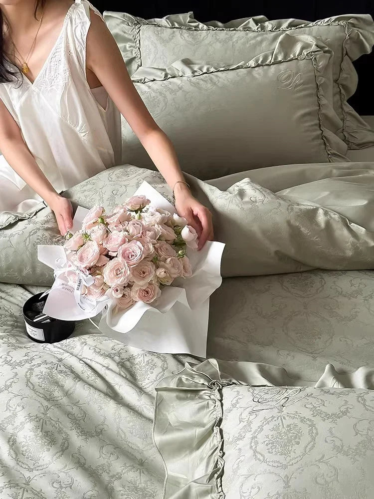 Bedding Set 4-Piece Satin Jacquard Ruffled Edges