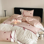 Bedding Set 4-Piece Satin-Like Cotton Blend Heart Embroidery