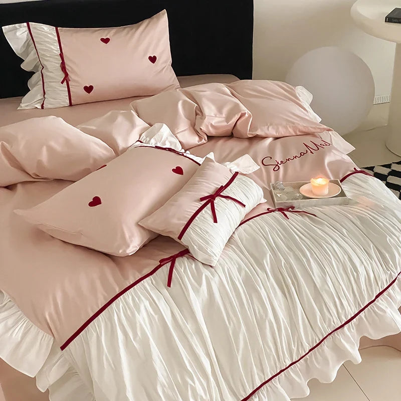 Bedding Set 4-Piece Satin-Like Cotton Blend Heart Embroidery