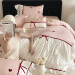 Bedding Set 4-Piece Satin-Like Cotton Blend Heart Embroidery