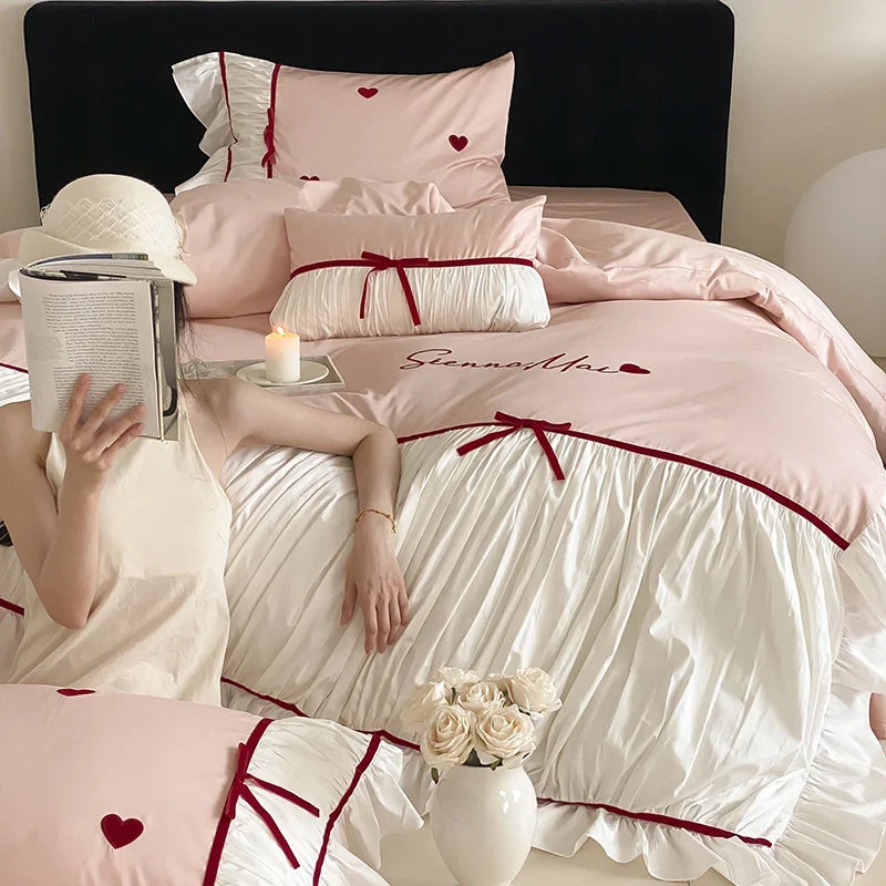Bedding Set 4-Piece Satin-Like Cotton Blend Heart Embroidery