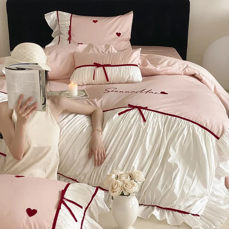 Bedding Set 4-Piece Satin-Like Cotton Blend Heart Embroidery