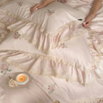 Bedding Set 4-Piece Satin-Like Cotton Ruffled Lace & Rose Embroidery