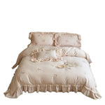 Bedding Set 4-Piece Satin-Like Cotton Ruffled Lace & Rose Embroidery