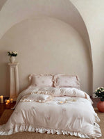 Bedding Set 4-Piece Satin-Like Cotton Ruffled Lace & Rose Embroidery