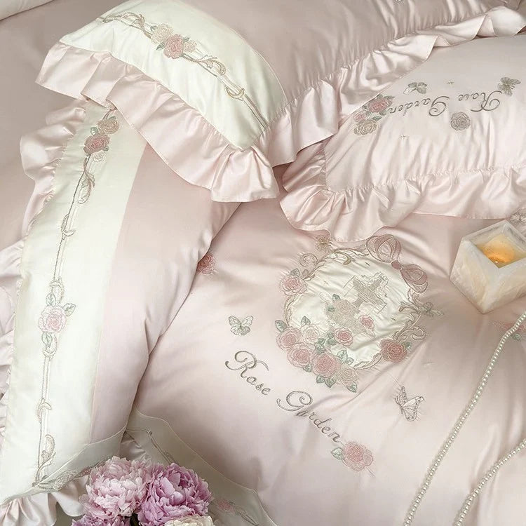 Bedding Set 4-Piece Silky Cotton Satin Rose Embroidery