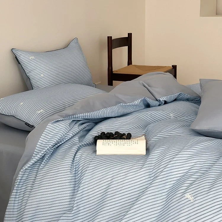 Bedding Set Breathable Cotton Fine Stripe Machine-Washable