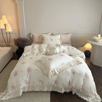 Bedding Set Breathable Cotton Gauze Floral Lace 4 Piece