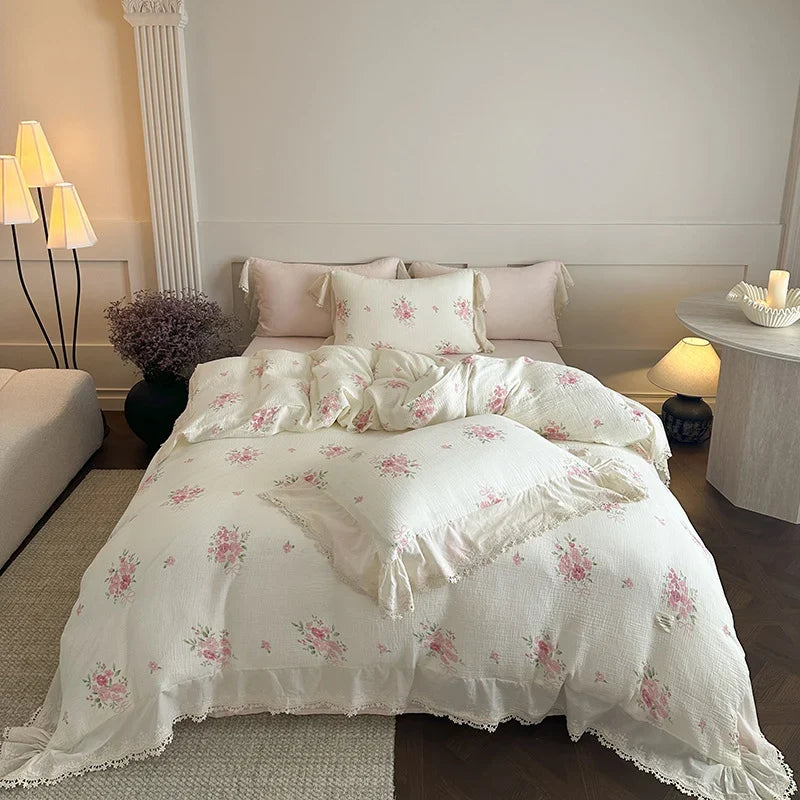 Bedding Set Breathable Cotton Gauze Floral Lace 4 Piece