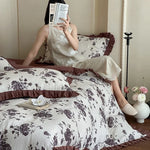 Bedding Set Breathable Cotton Gauze Floral & Ruffle 4-Piece