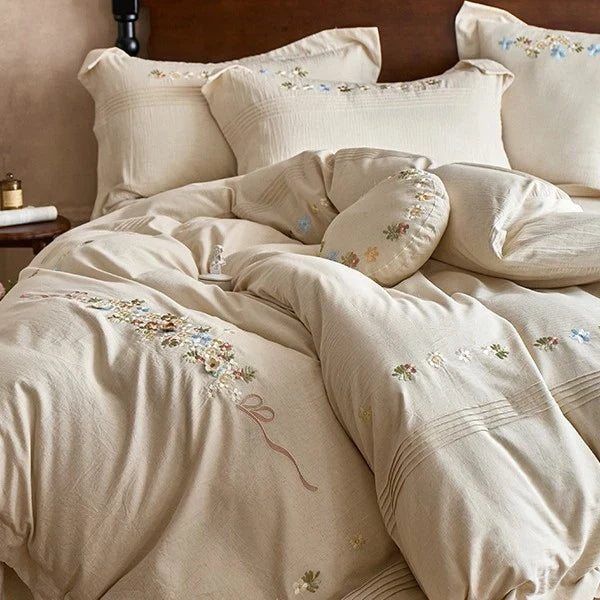 Bedding Set Breathable Cotton Gauze Hand-Stitched Floral Four-Piece