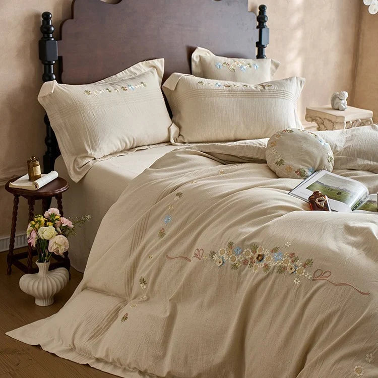 Bedding Set Breathable Cotton Gauze Hand-Stitched Floral Four-Piece