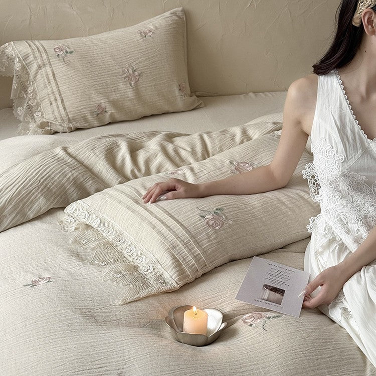 Bedding Set Breathable Cotton Gauze Rose Embroidery