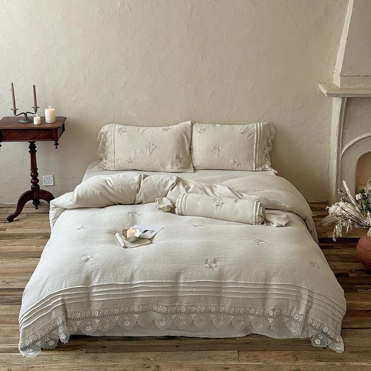 Bedding Set Breathable Cotton Gauze Rose Embroidery