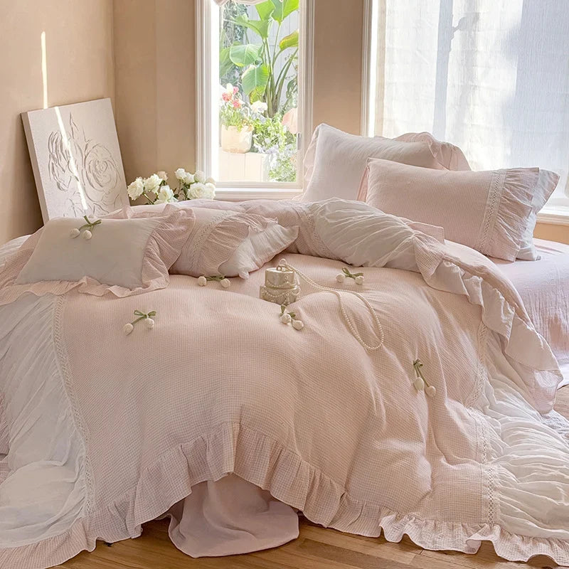 Bedding Set Breathable Cotton Gauze Ruffled & Lace