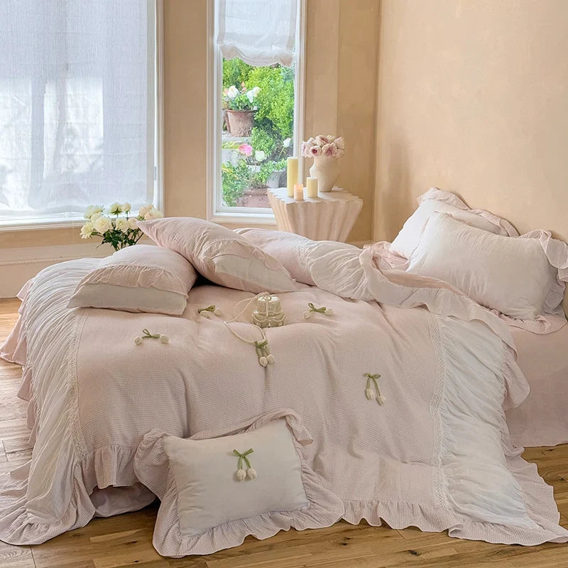 Bedding Set Breathable Cotton Gauze Ruffled & Lace