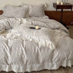 Bedding Set Breathable Cotton Jacquard Floral Lace Trim 4-Piece
