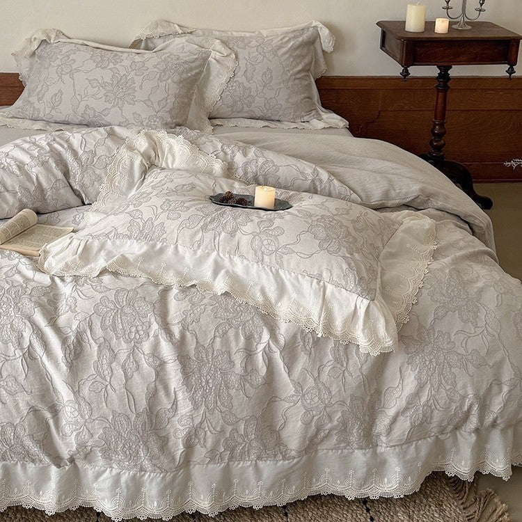 Bedding Set Breathable Cotton Jacquard Floral Lace Trim 4-Piece