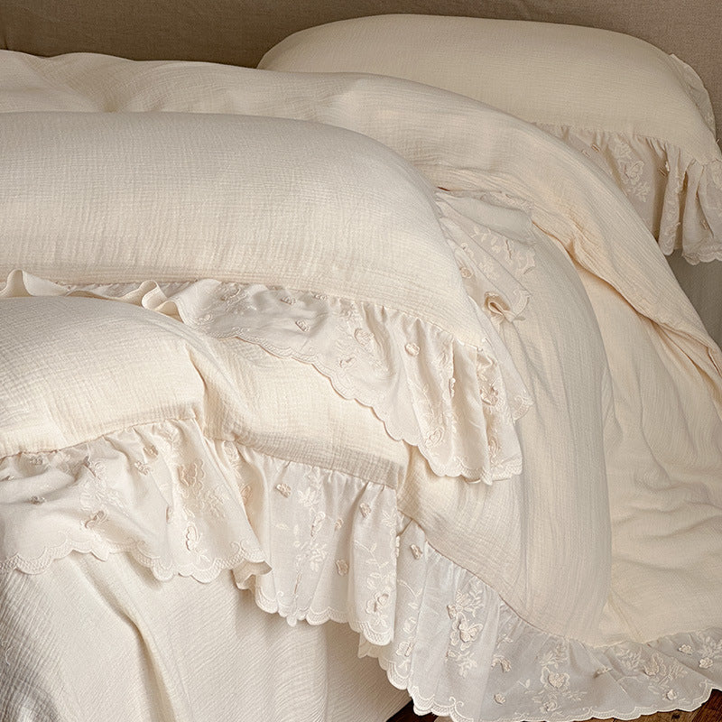 Bedding Set Breathable Cotton-Linen Embroidered Lace Integrated Bed Skirt