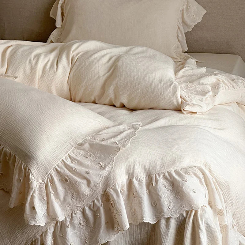 Bedding Set Breathable Cotton-Linen Embroidered Lace Integrated Bed Skirt