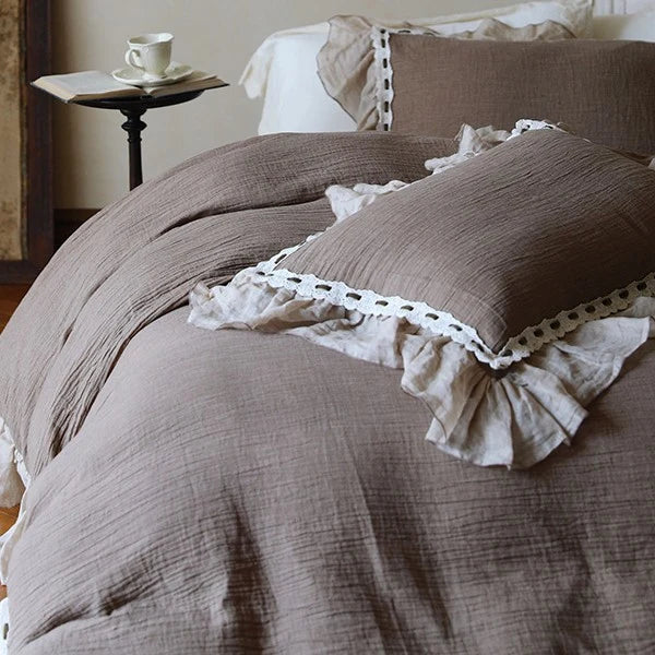 Bedding Set Breathable Cotton-Linen Ruffle & Lace Trim