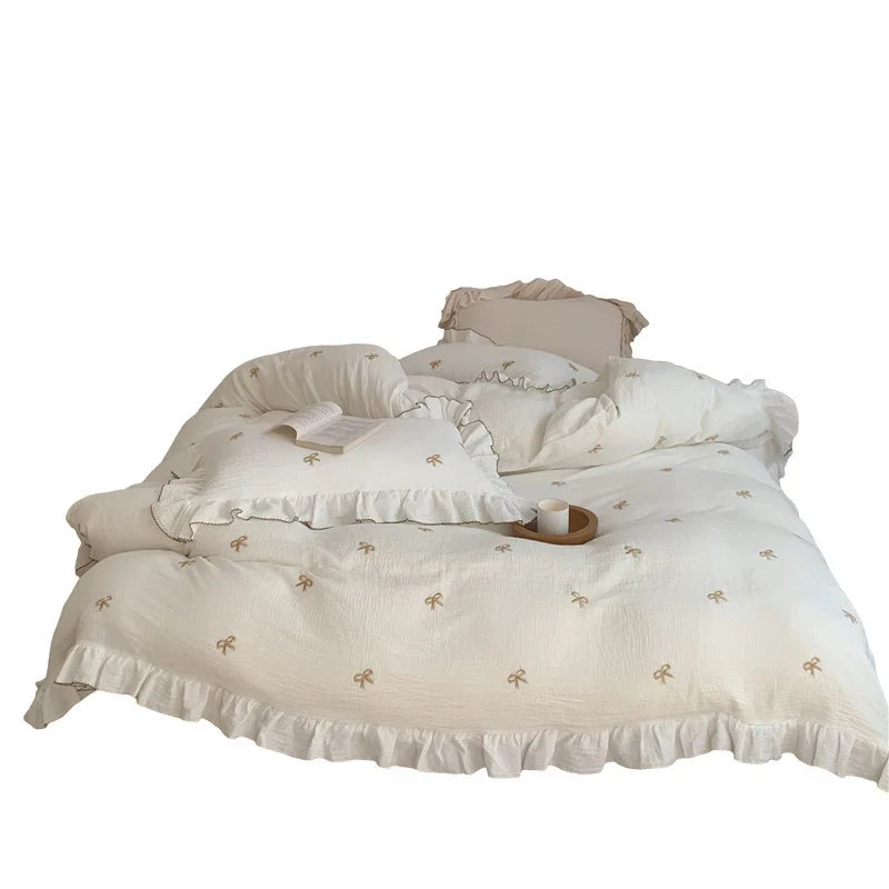 Bedding Set Breathable Cotton Muslin Bow & Ruffle Trim