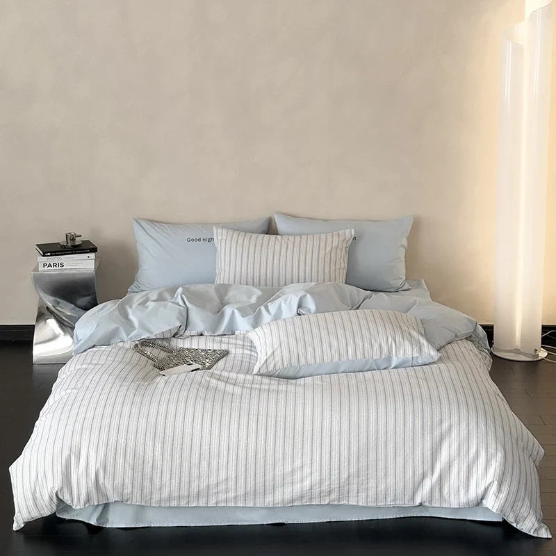 Bedding Set Breathable Cotton Muslin Reversible Fine Stripe Four Piece