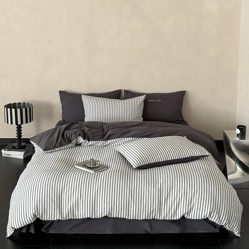 Bedding Set Breathable Cotton Muslin Reversible Fine Stripe Four Piece