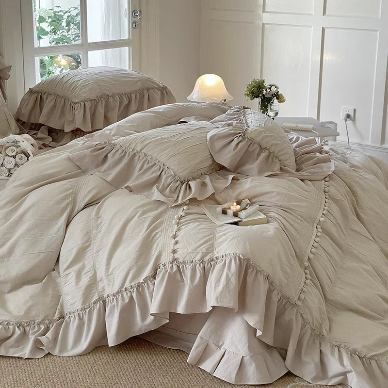 Bedding Set Breathable Cotton Percale Ruffled & Pompom Trim
