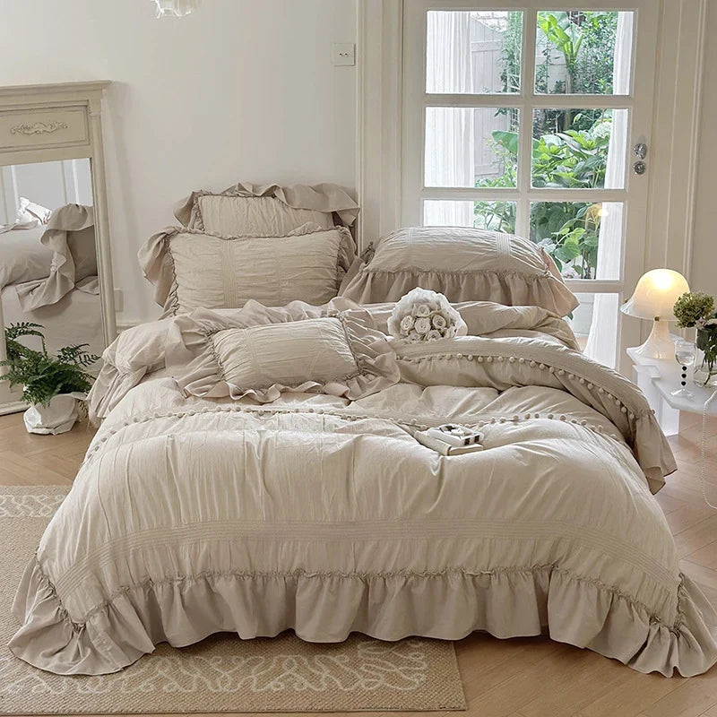 Bedding Set Breathable Cotton Percale Ruffled & Pompom Trim