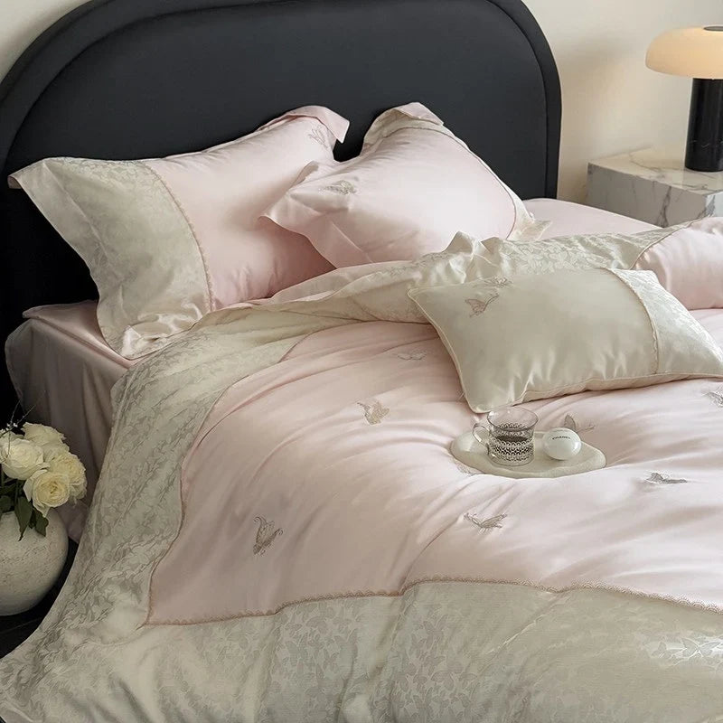 Bedding Set Breathable Cotton Satin Butterfly Embroidery