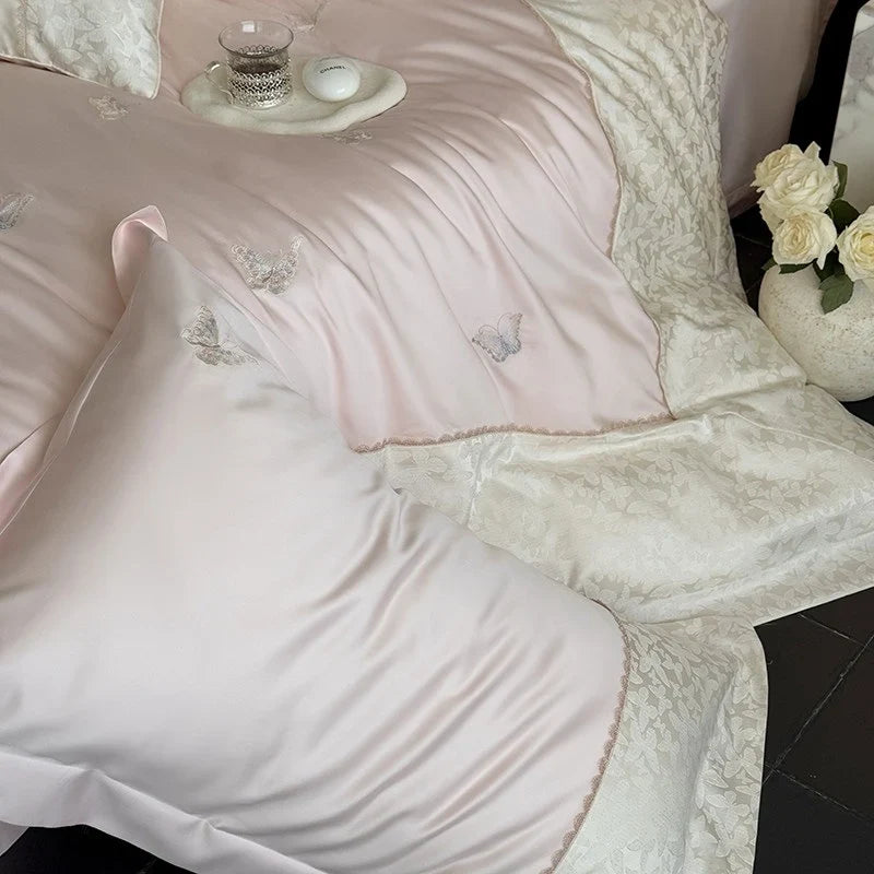 Bedding Set Breathable Cotton Satin Butterfly Embroidery