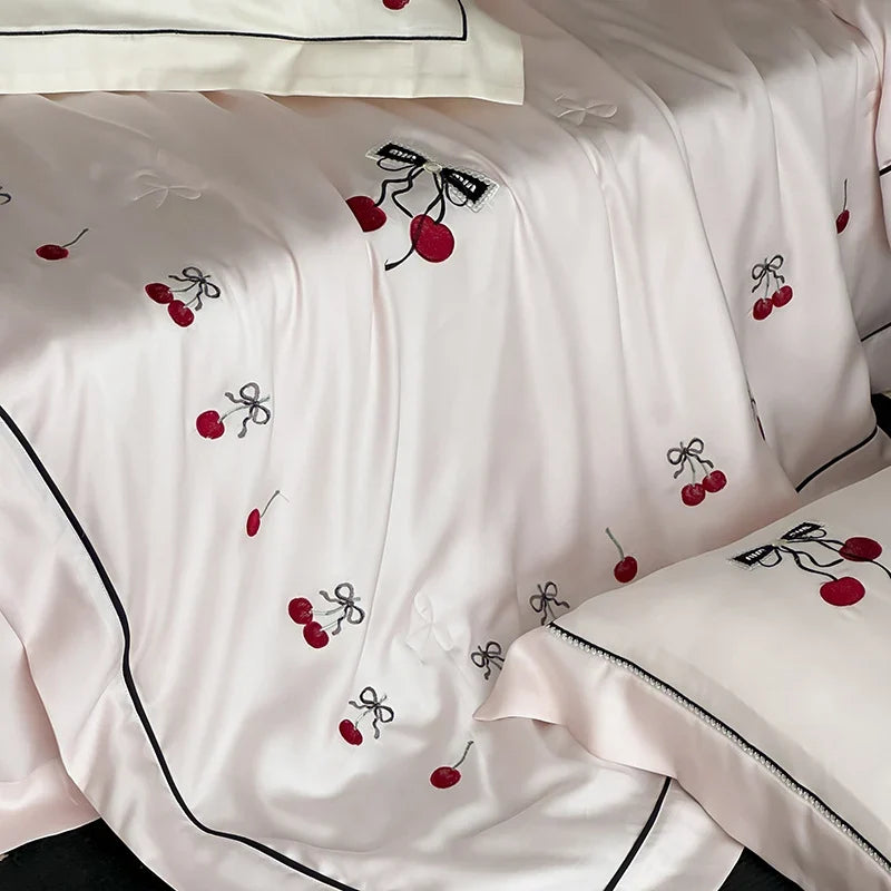 Bedding Set Breathable Cotton Satin Cherry Embroidery