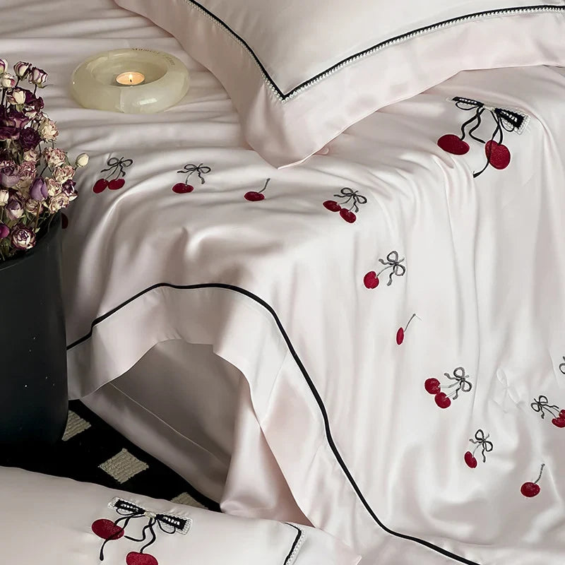 Bedding Set Breathable Cotton Satin Cherry Embroidery